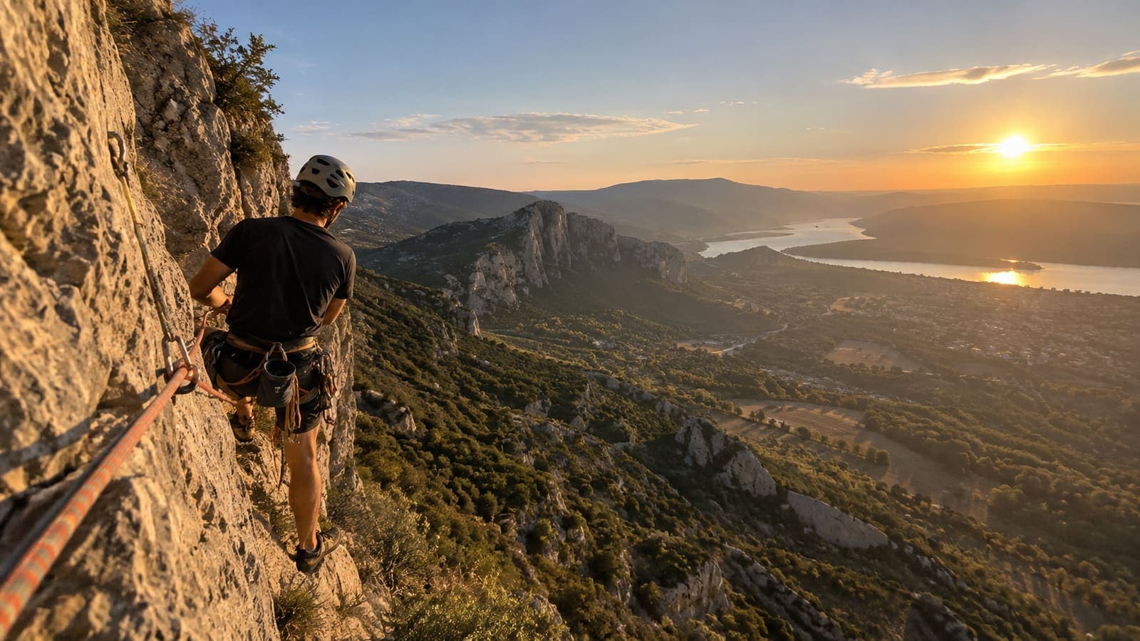 Grimpeur au relais sur une falaise dominant la plaine et la rivière au couchant