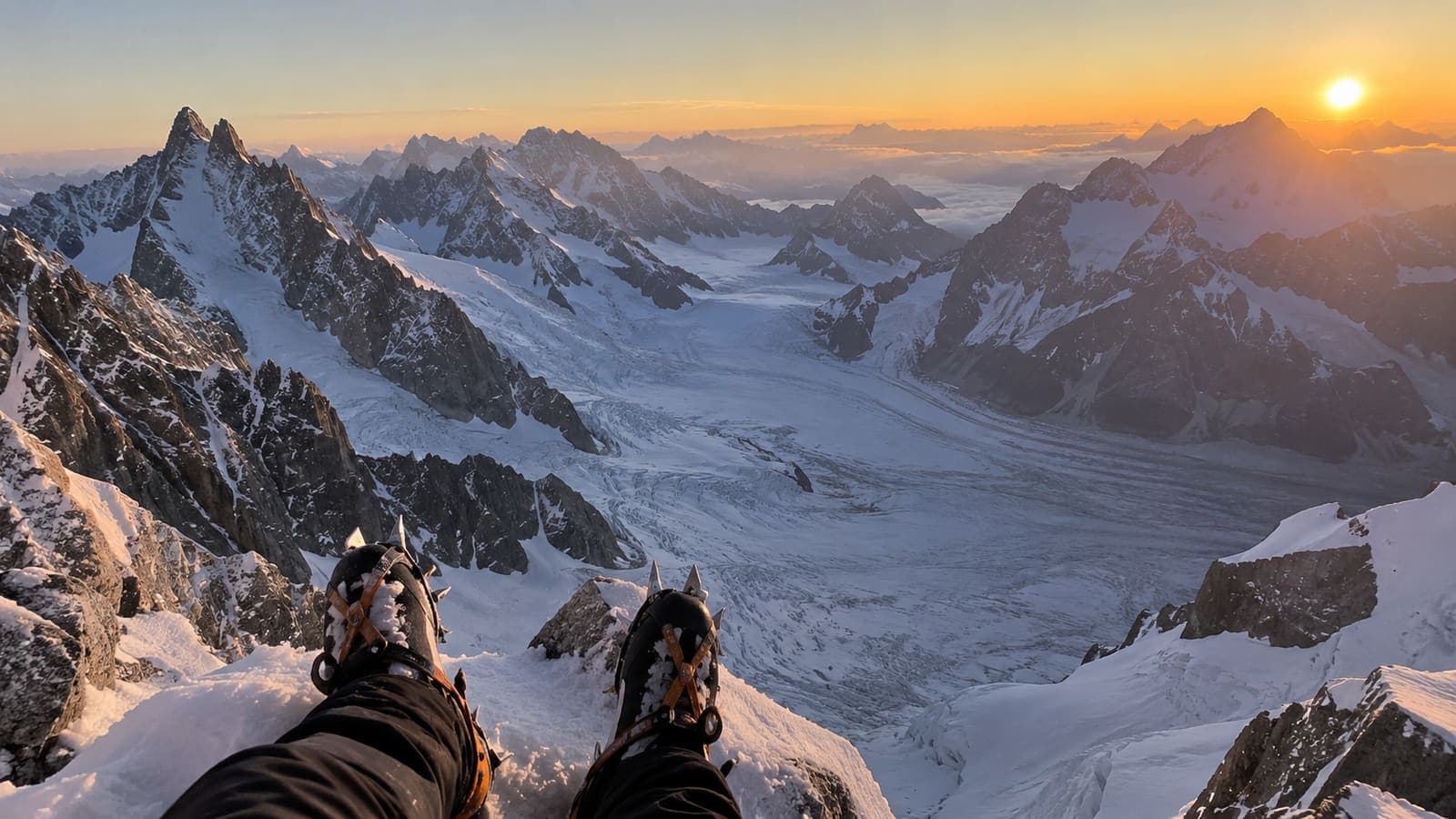 Vue plongeante sur un glacier depuis un sommet, au soleil levant